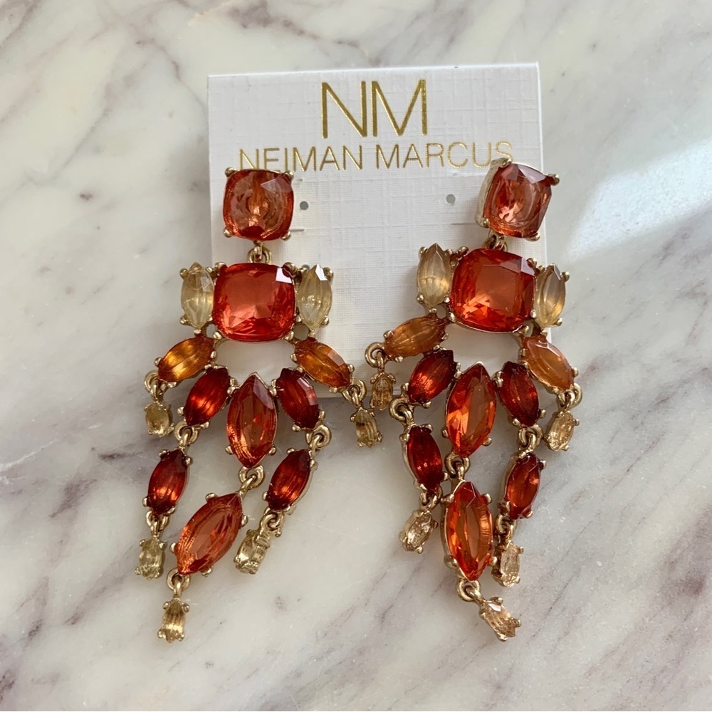 🔥 Neiman Marcus Fiery Red Stones Gold Statement Chandelier Earrings - Picture 3 of 6